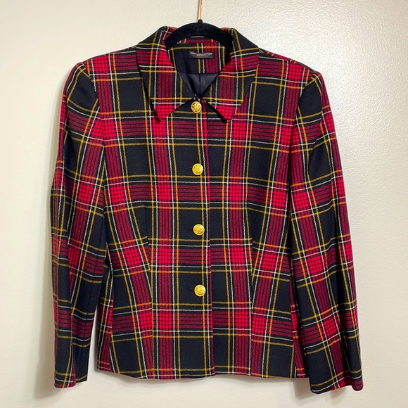 H. Stockton Atlanta Red Black Yellow Tartan Plaid Wool Cropped Jacket Size 2 - Picture 1 of 15